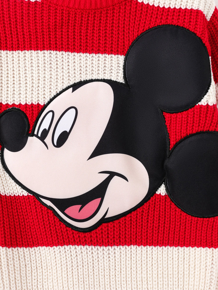 Disney Mickey and Friends Family matching 1pc Character Pattern Striped Long-sleeve Knitwear Sweater Red