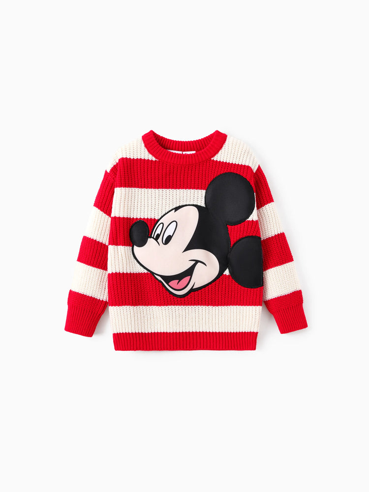 Disney Mickey and Friends Family matching 1pc Character Pattern Striped Long-sleeve Knitwear Sweater Red