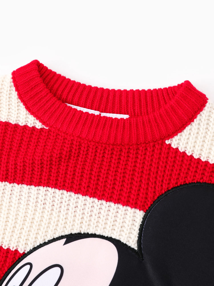 Disney Mickey and Friends Family matching 1pc Character Pattern Striped Long-sleeve Knitwear Sweater Red