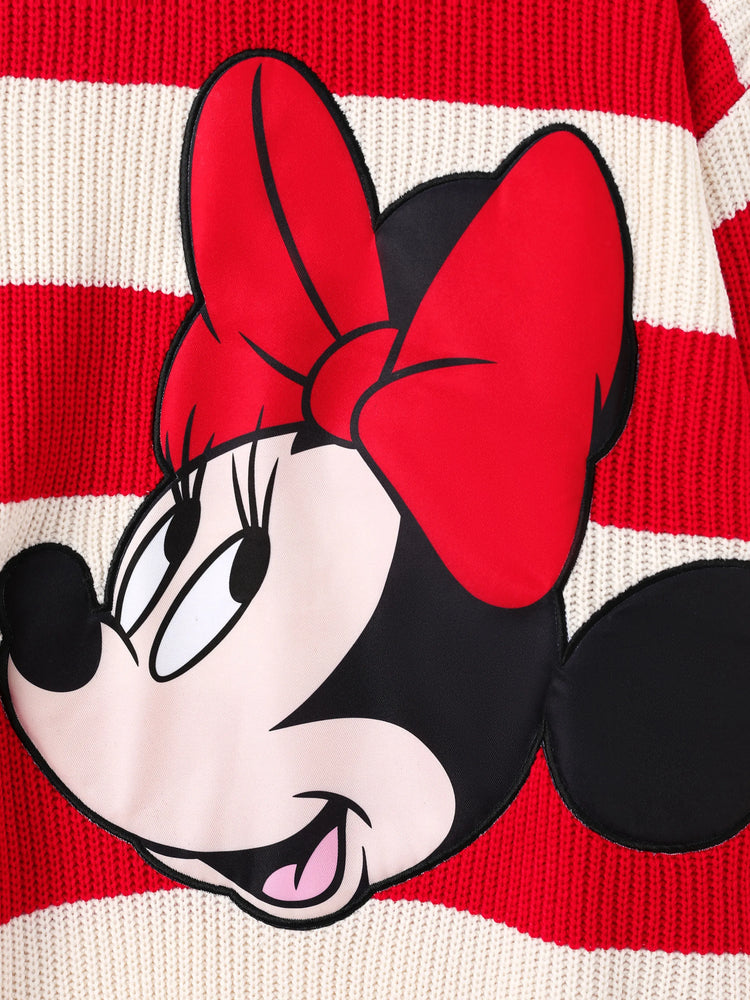 Disney Mickey and Friends Family matching 1pc Character Pattern Striped Long-sleeve Knitwear Sweater Red