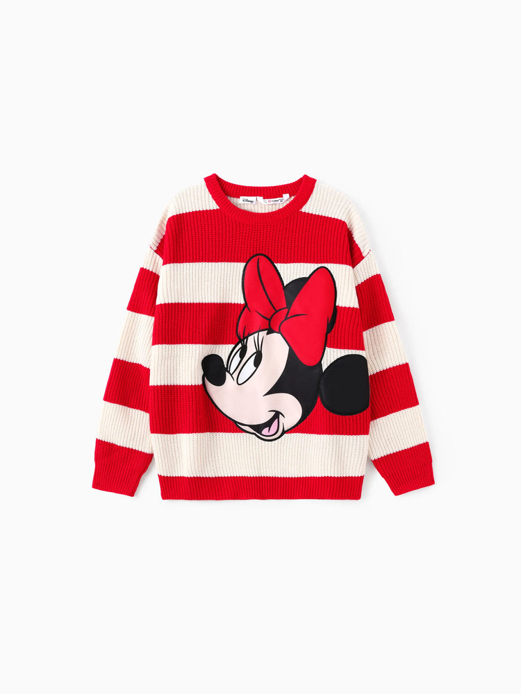 Disney Mickey and Friends Family matching 1pc Character Pattern Striped Long-sleeve Knitwear Sweater Red