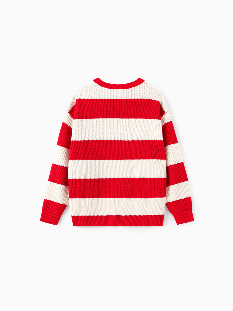 Disney Mickey and Friends Family matching 1pc Character Pattern Striped Long-sleeve Knitwear Sweater Red