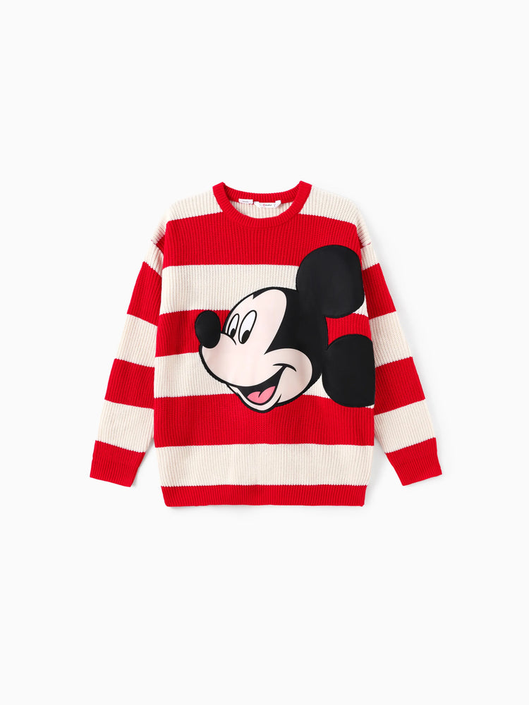 Disney Mickey and Friends Family matching 1pc Character Pattern Striped Long-sleeve Knitwear Sweater Red