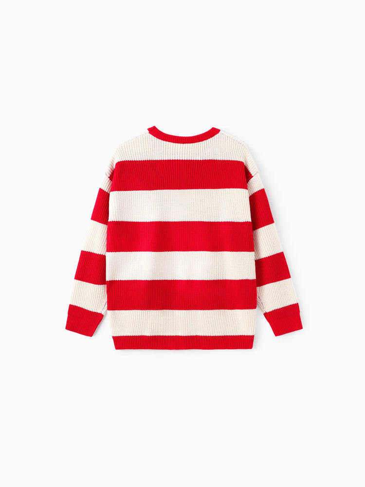 Disney Mickey and Friends Family matching 1pc Character Pattern Striped Long-sleeve Knitwear Sweater Red