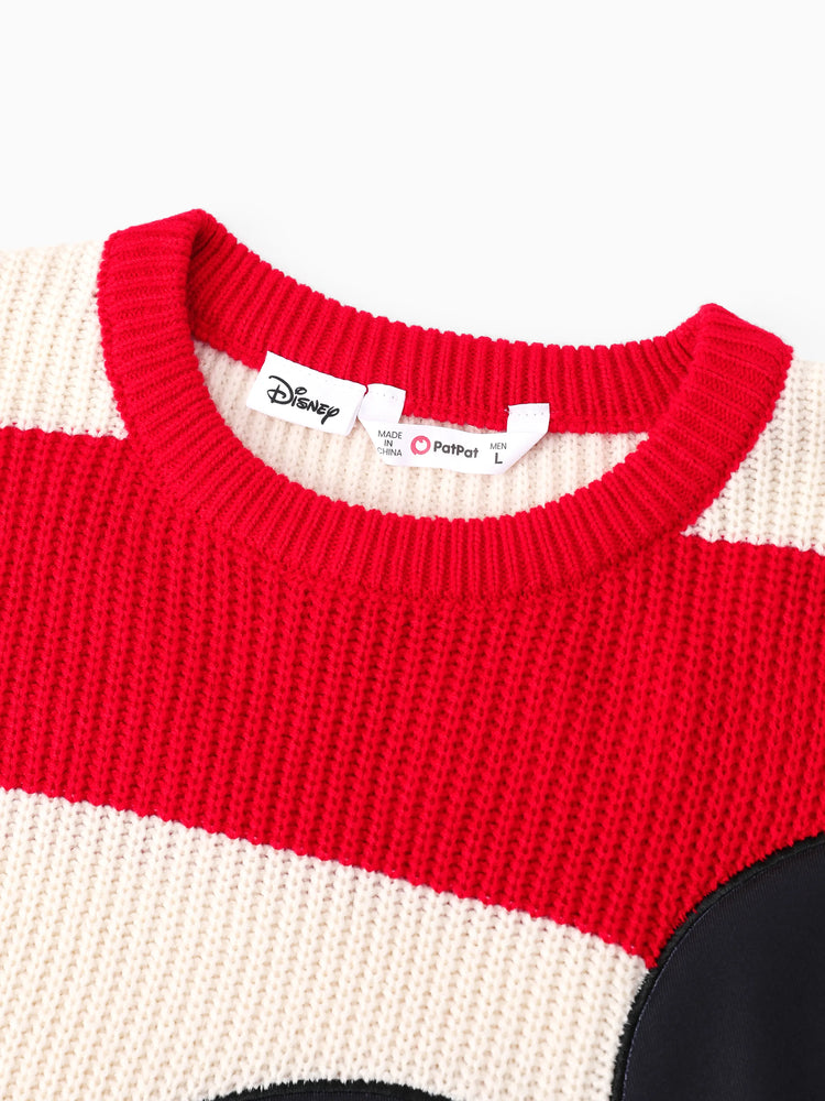 Disney Mickey and Friends Family matching 1pc Character Pattern Striped Long-sleeve Knitwear Sweater Red