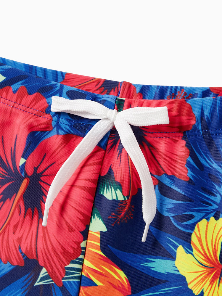 Family Matching Swimwear Set Floral Scalloped Strappy Bikini and Swim Trunks ColorBlock