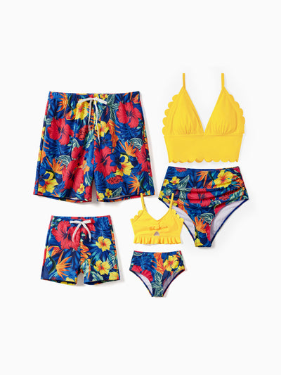 Family Matching Swimwear Set Floral Scalloped Strappy Bikini and Swim Trunks ColorBlock