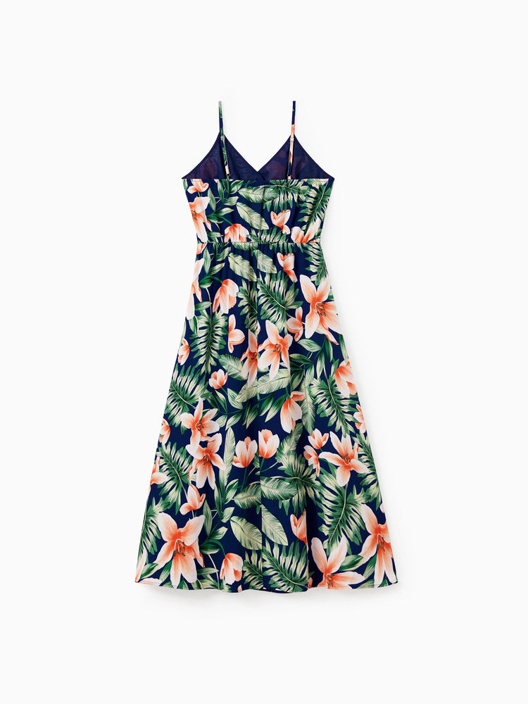 Mommy and Me Family Matching Sets Floral Panel Short-sleeve T-shirts or All Over Floral Print V Neck Spaghetti Strap Midi Dresses with Hidden Snap royalblue