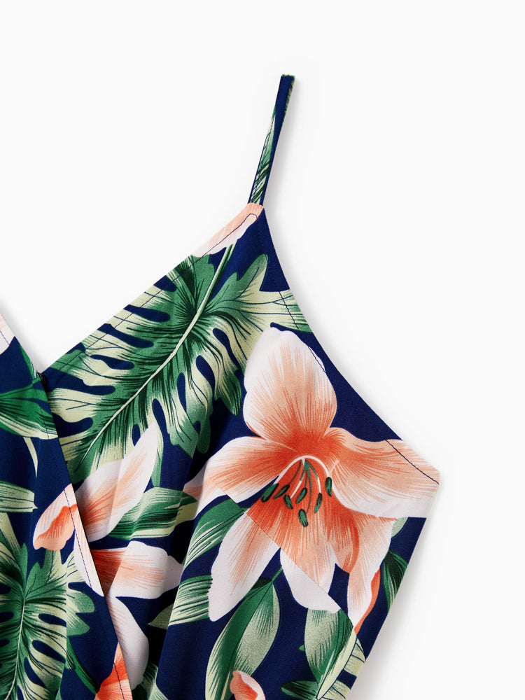 Mommy and Me Family Matching Sets Floral Panel Short-sleeve T-shirts or All Over Floral Print V Neck Spaghetti Strap Midi Dresses with Hidden Snap royalblue