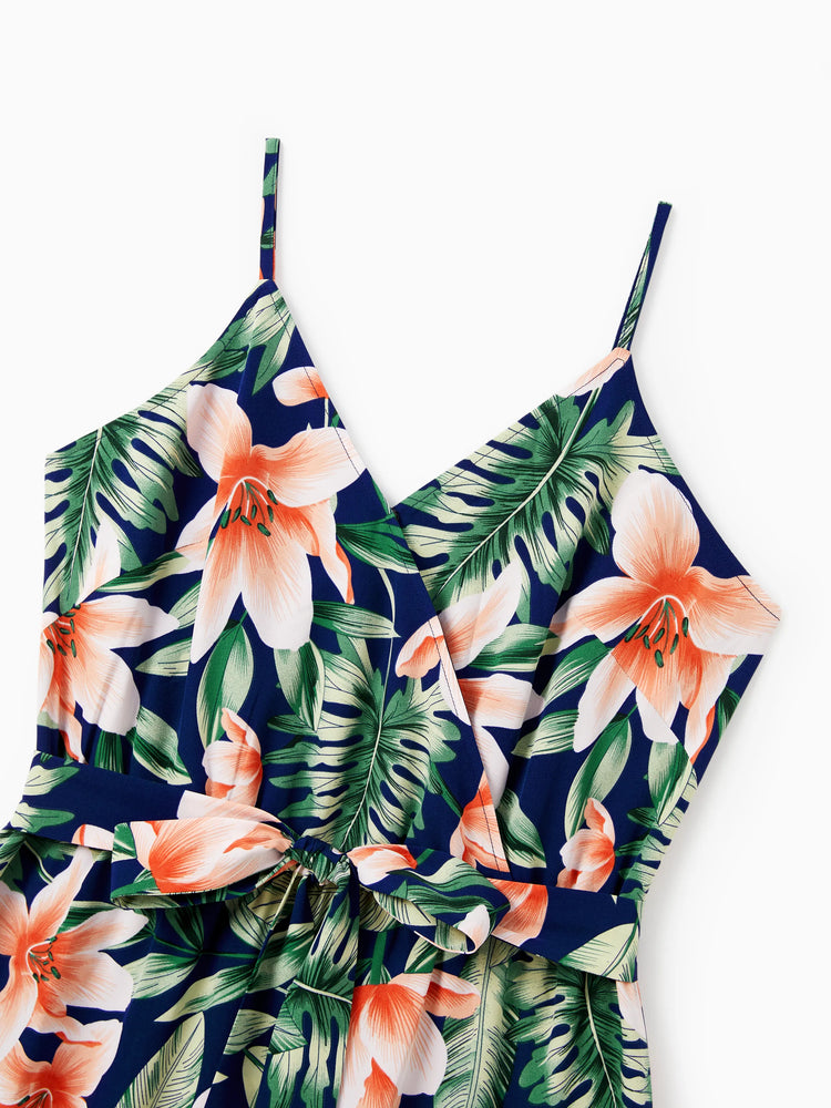 Mommy and Me Family Matching Sets Floral Panel Short-sleeve T-shirts or All Over Floral Print V Neck Spaghetti Strap Midi Dresses with Hidden Snap royalblue