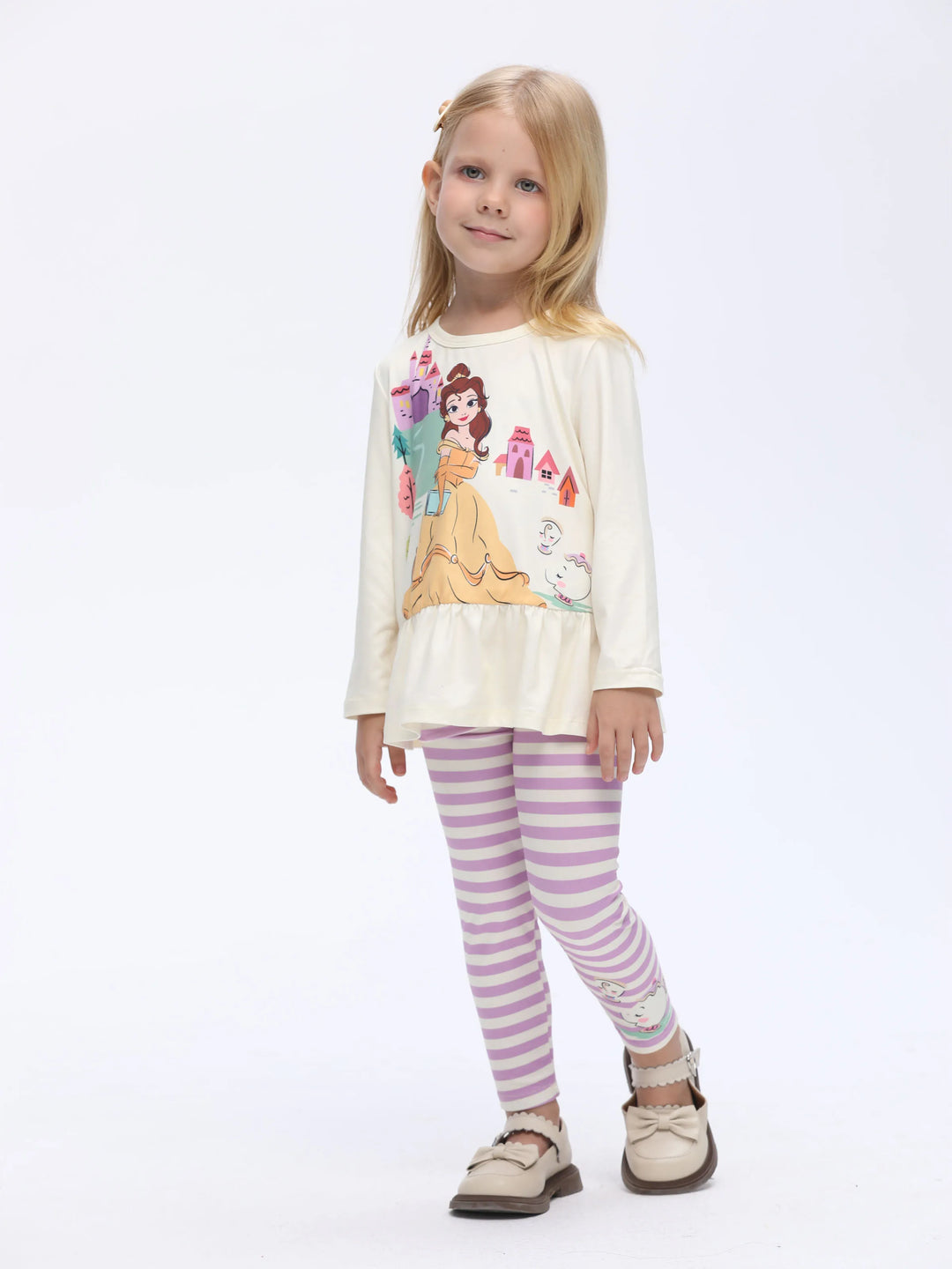 Conjunto de 2 piezas de camiseta peplum con estampado de Bella y pantalón a rayas para niña pequeña de Disney Princess, amarillo