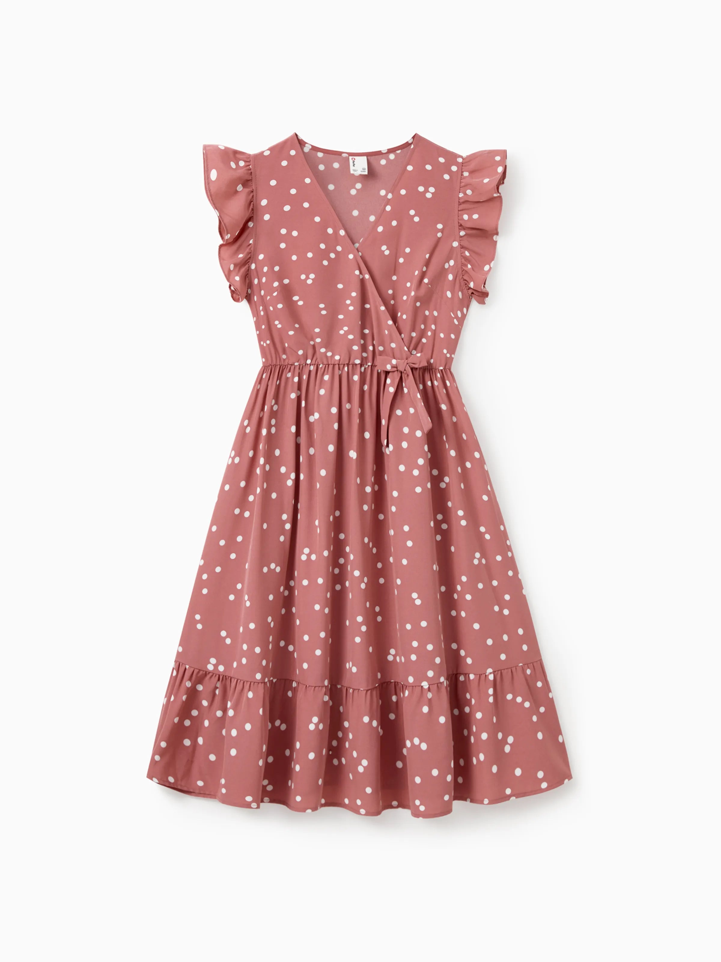 All Over Dots Pink Cross Wrap V Neck Ruffle Flutter-sleeve Dress for M - PatPat All Over Dots Pink Cross Wrap V Neck Ruffle Flutter-sleeve Dress for M - PatPat