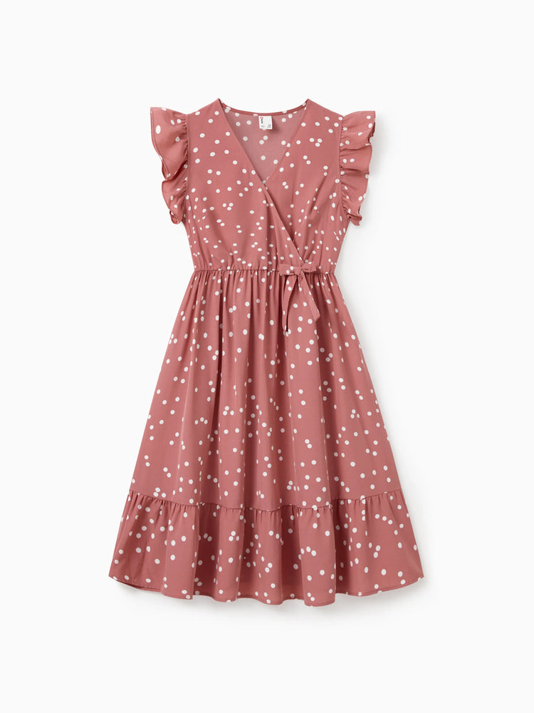 Robe cache-cœur rose à pois croisés, col en V, volants et manches flottantes pour maman et moi PinkyWhite