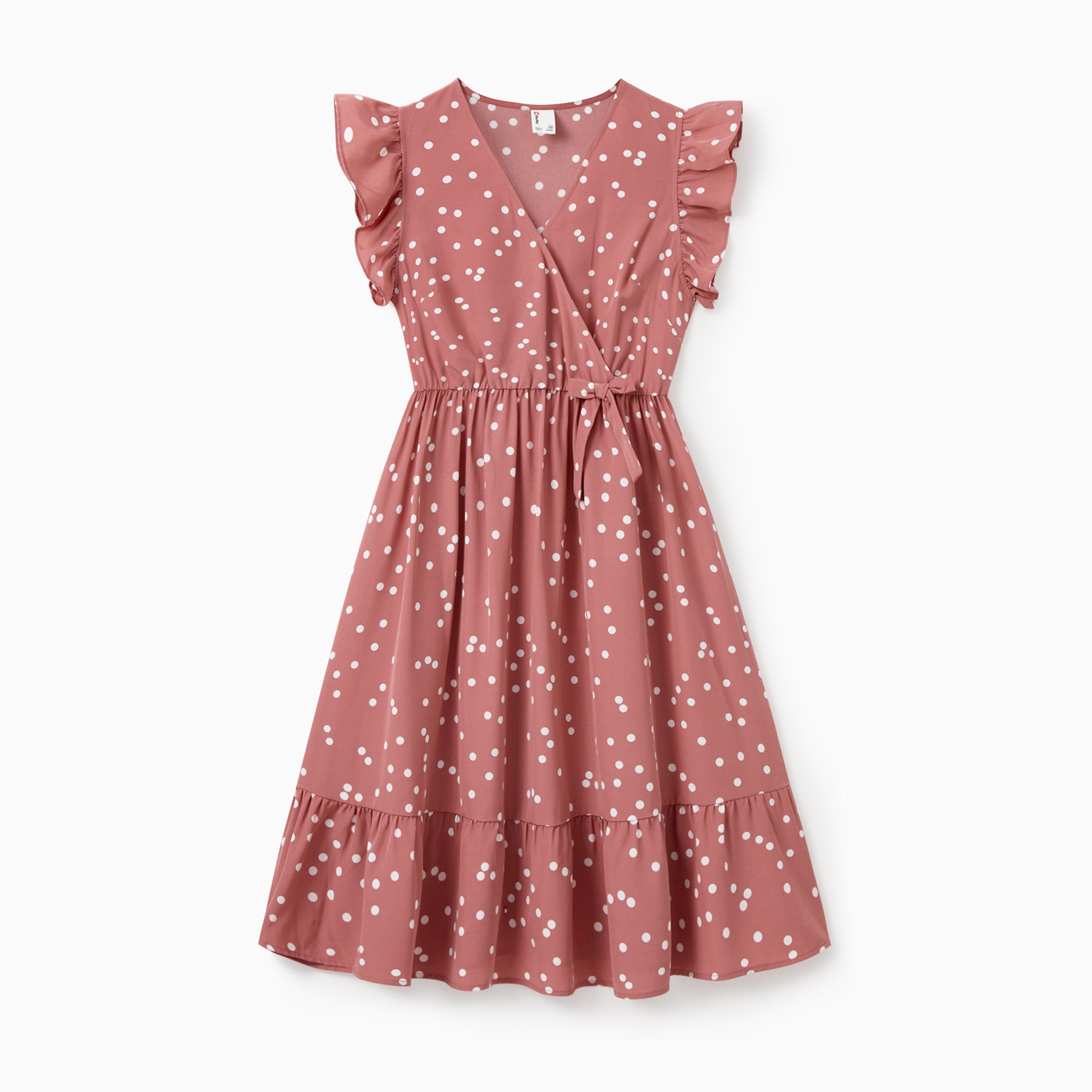 All Over Dots Pink Cross Wrap V Neck Ruffle Flutter-sleeve Dress for Mom and Me PinkyWhite All Over Dots Pink Cross Wrap V Neck Ruffle Flutter-sleeve Dress for Mom and Me PinkyWhite