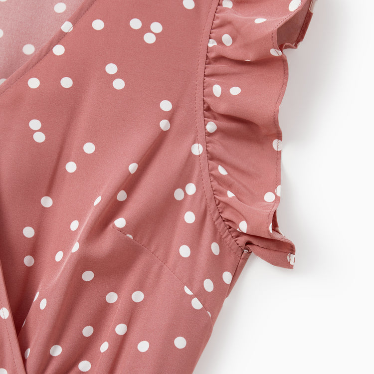 All Over Dots Pink Cross Wrap V Neck Ruffle Flutter-sleeve Dress for Mom and Me PinkyWhite