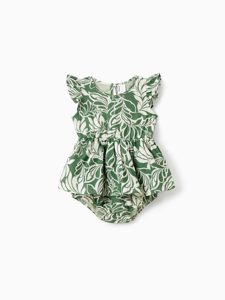 Daddy & Daughter Leaf Print Short-sleeve Shirt or Halter Dress Green Set Green