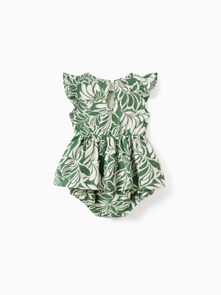 Ensemble familial assorti chemise à manches courtes ou robe dos nu à imprimé feuilles vert