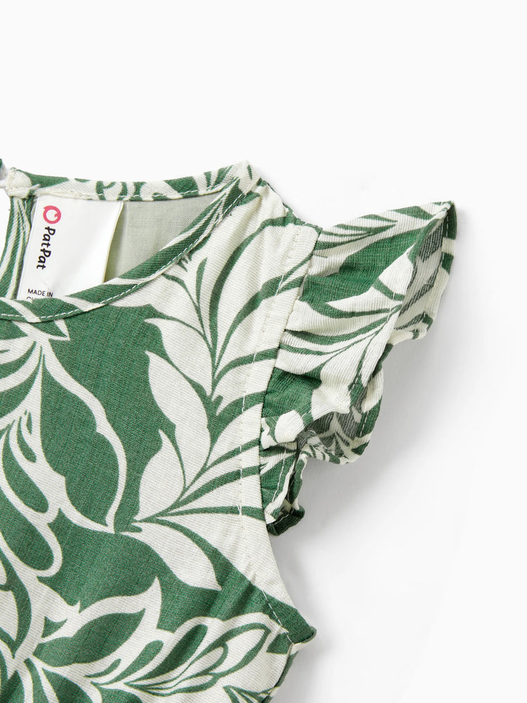 Ensemble familial assorti chemise à manches courtes ou robe dos nu à imprimé feuilles vert