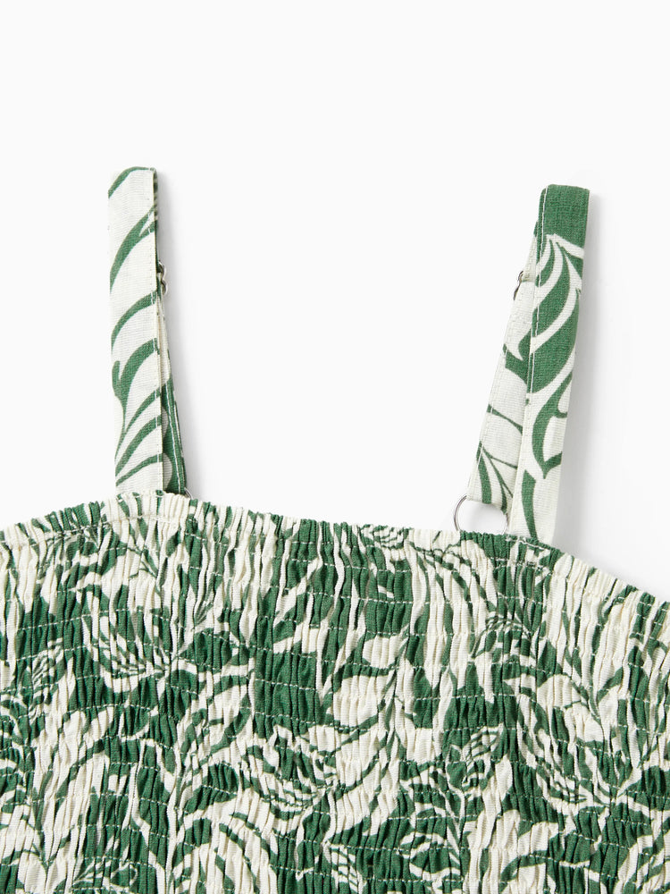 Ensemble familial assorti chemise à manches courtes ou robe dos nu à imprimé feuilles vert