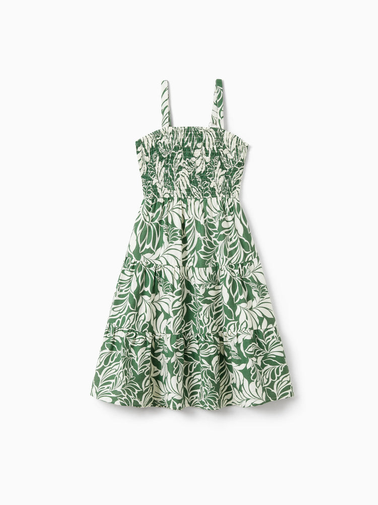 Daddy & Daughter Leaf Print Short-sleeve Shirt or Halter Dress Green Set Green