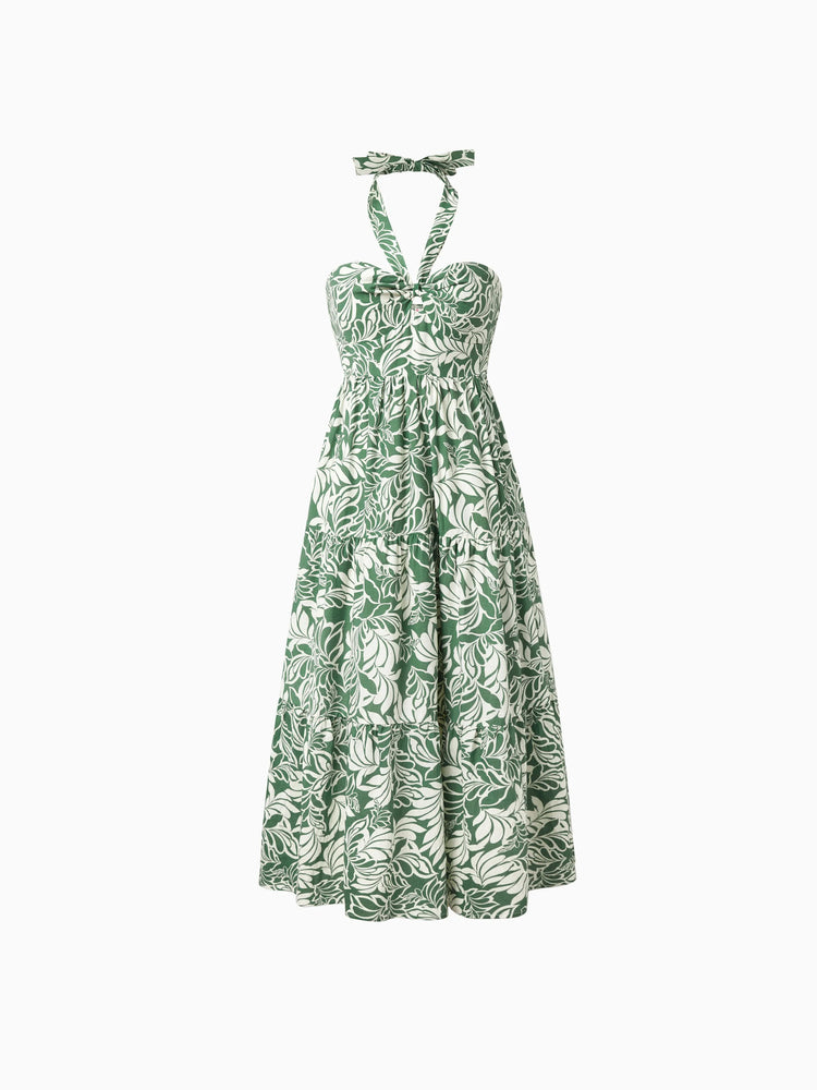 Mommy & me Leaf Print Halter Dress Green Set Green