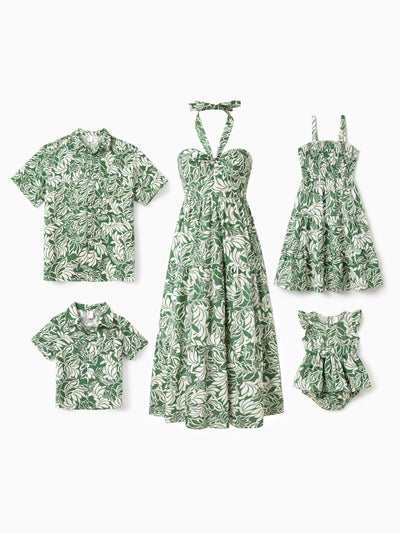 Conjunto familiar de camisa de manga corta o vestido halter con estampado de hojas a juego, color verde