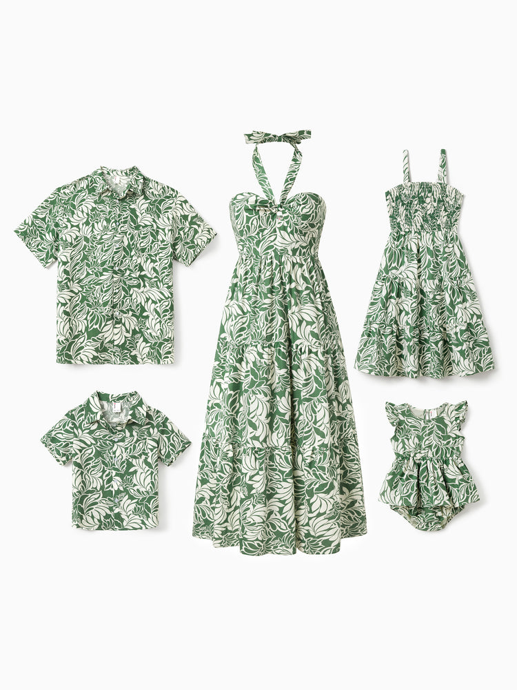 Family Matching Leaf Print Short-sleeve Shirt or Halter Dress Green Set Green