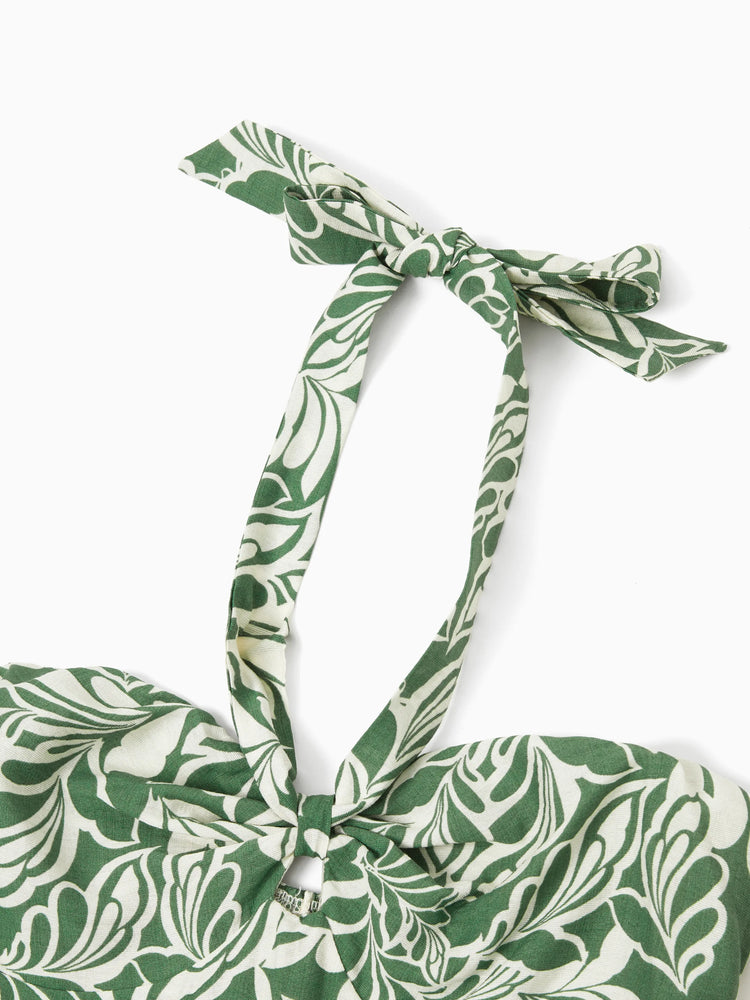 Ensemble familial assorti chemise à manches courtes ou robe dos nu à imprimé feuilles vert