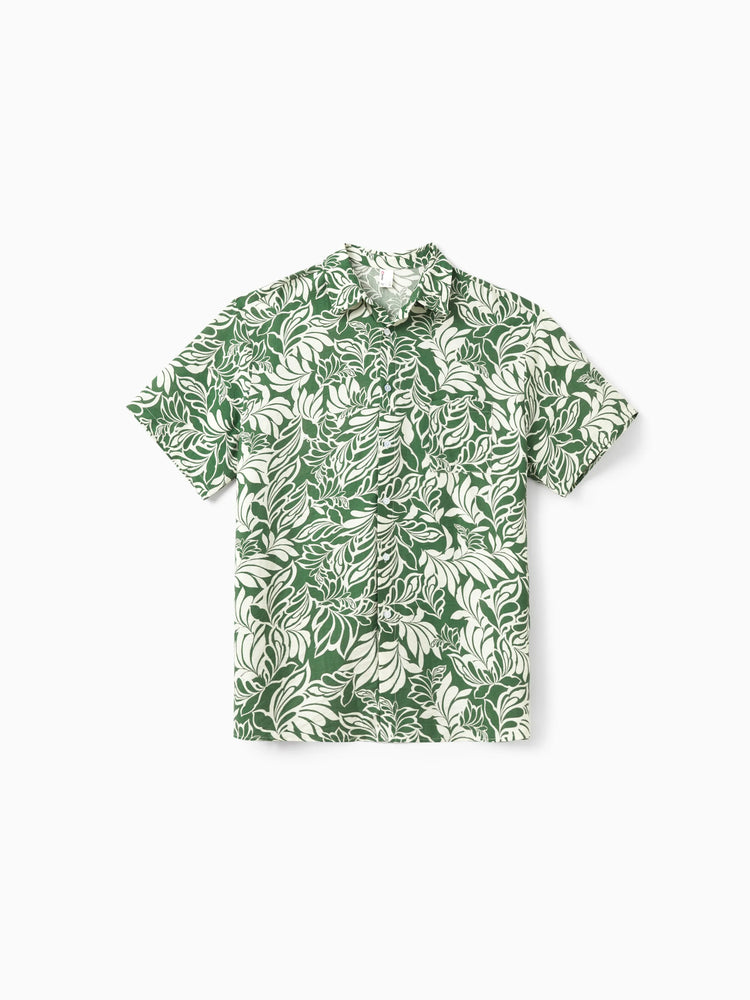Daddy & Daughter Leaf Print Short-sleeve Shirt or Halter Dress Green Set Green