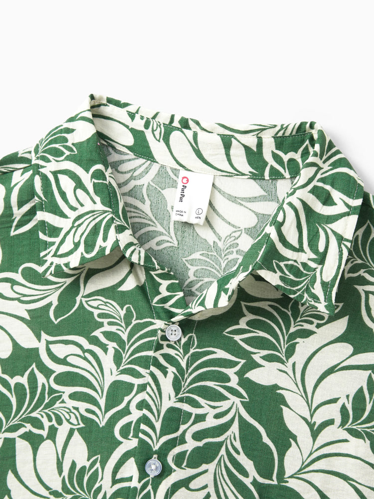 Ensemble familial assorti chemise à manches courtes ou robe dos nu à imprimé feuilles vert