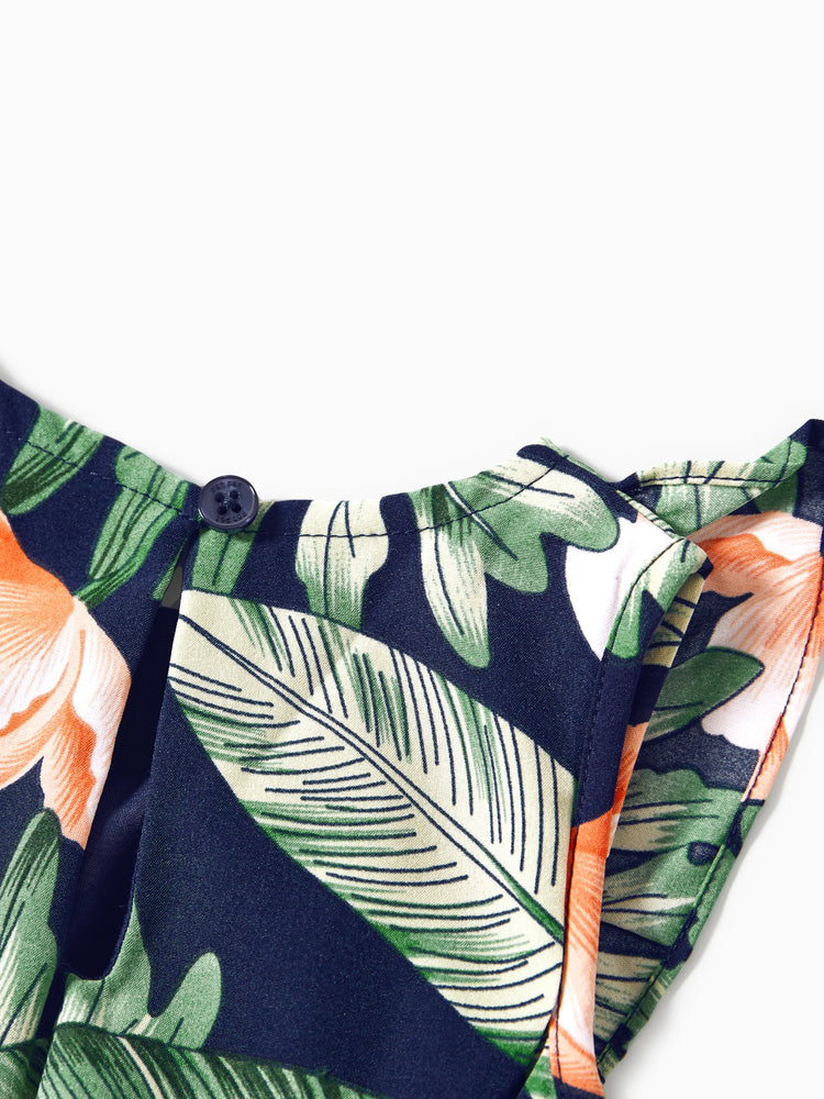 Ensembles familiaux assortis : t-shirts à manches courtes à empiècements floraux ou robes mi-longues à bretelles spaghetti et col en V à imprimé floral intégral avec bouton-pression dissimulé, bleu roi