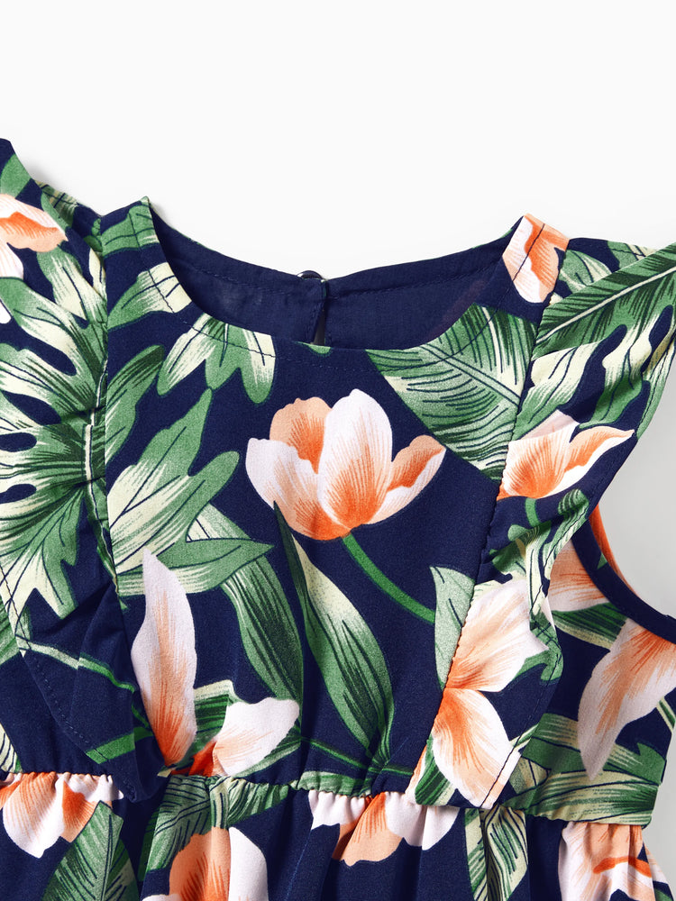 Mommy and Me Family Matching Sets Floral Panel Short-sleeve T-shirts or All Over Floral Print V Neck Spaghetti Strap Midi Dresses with Hidden Snap royalblue