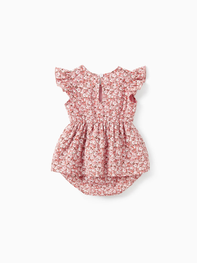 Daddy & Daughter Blue Cotton Colorblock Tee Shirt or Flora Print Smocking Puff-sleeve Dress Set Pink