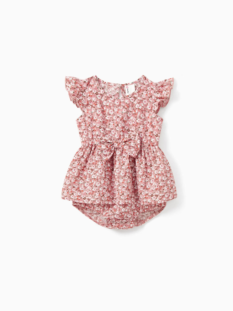 Family Matching Blue Cotton Colorblock Tee Shirt or Flora Print Smocking Puff-sleeve Dress Set
 Pink