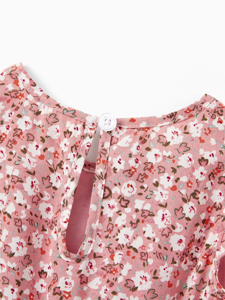 Family Matching Blue Cotton Colorblock Tee Shirt or Flora Print Smocking Puff-sleeve Dress Set
 Pink