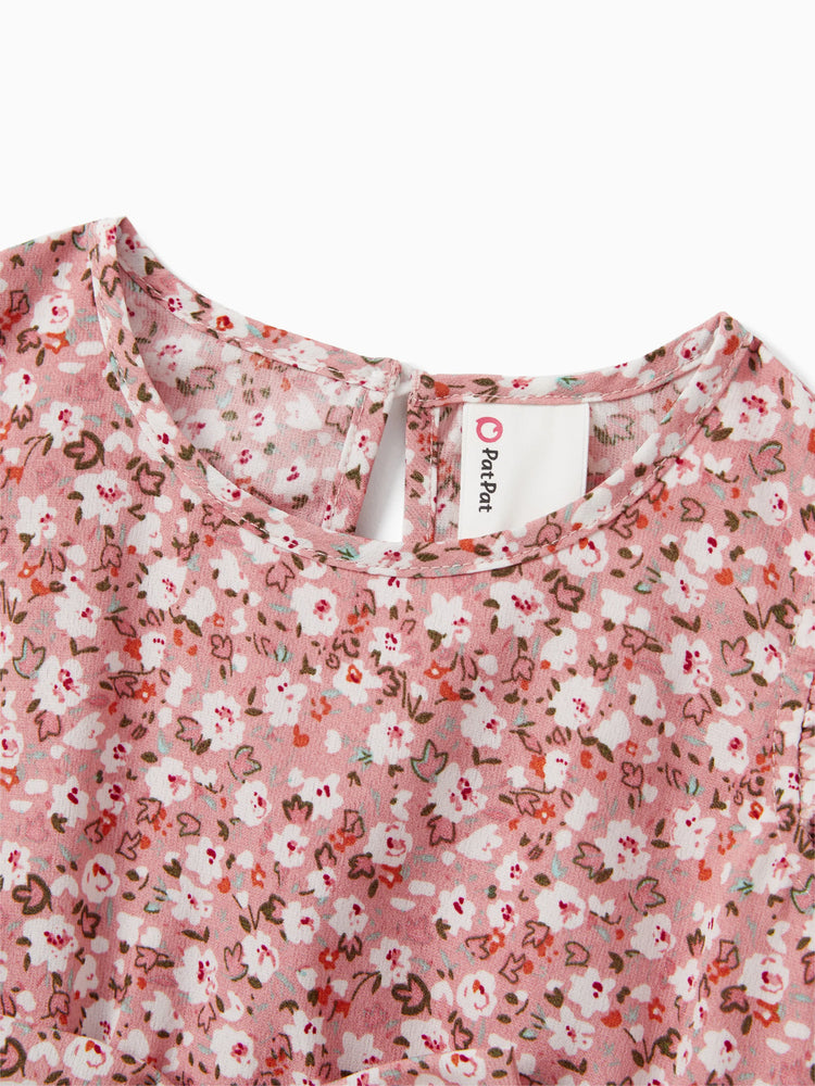 Family Matching Blue Cotton Colorblock Tee Shirt or Flora Print Smocking Puff-sleeve Dress Set
 Pink