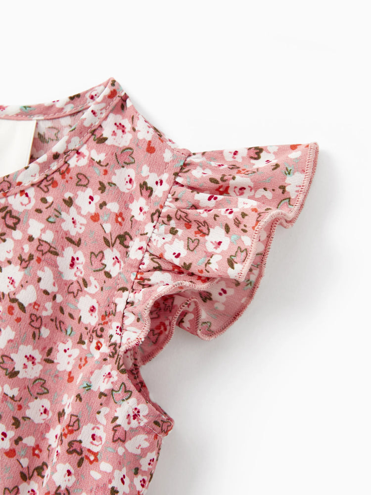 Daddy & Daughter Blue Cotton Colorblock Tee Shirt or Flora Print Smocking Puff-sleeve Dress Set Pink