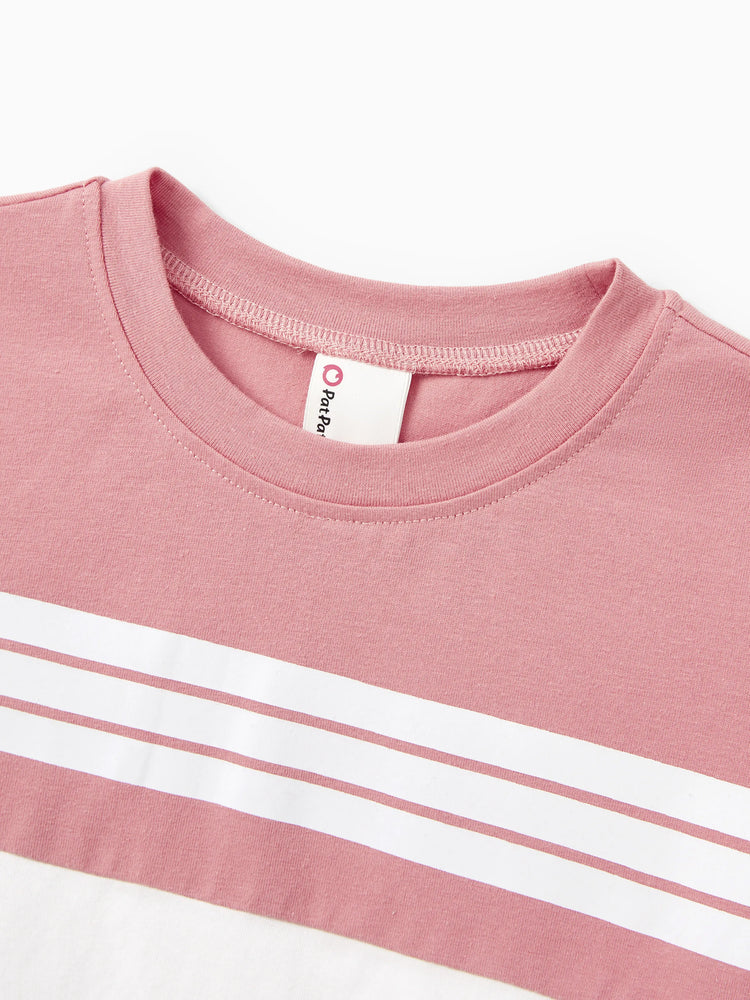 Family Matching Blue Cotton Colorblock Tee Shirt or Flora Print Smocking Puff-sleeve Dress Set
 Pink