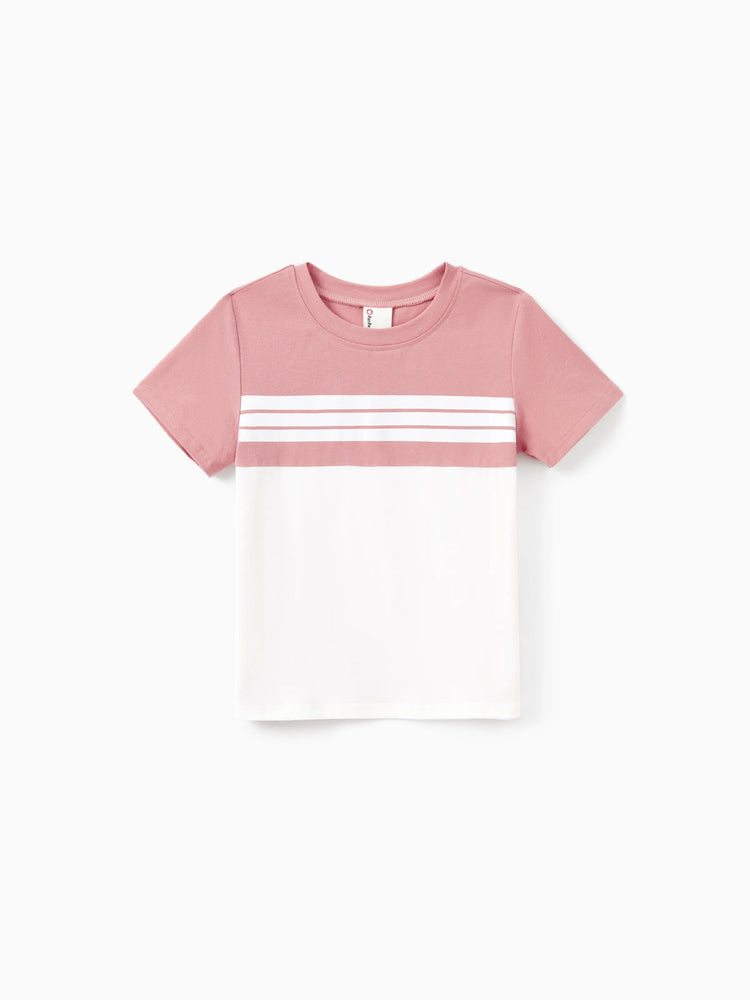 Family Matching Blue Cotton Colorblock Tee Shirt or Flora Print Smocking Puff-sleeve Dress Set
 Pink