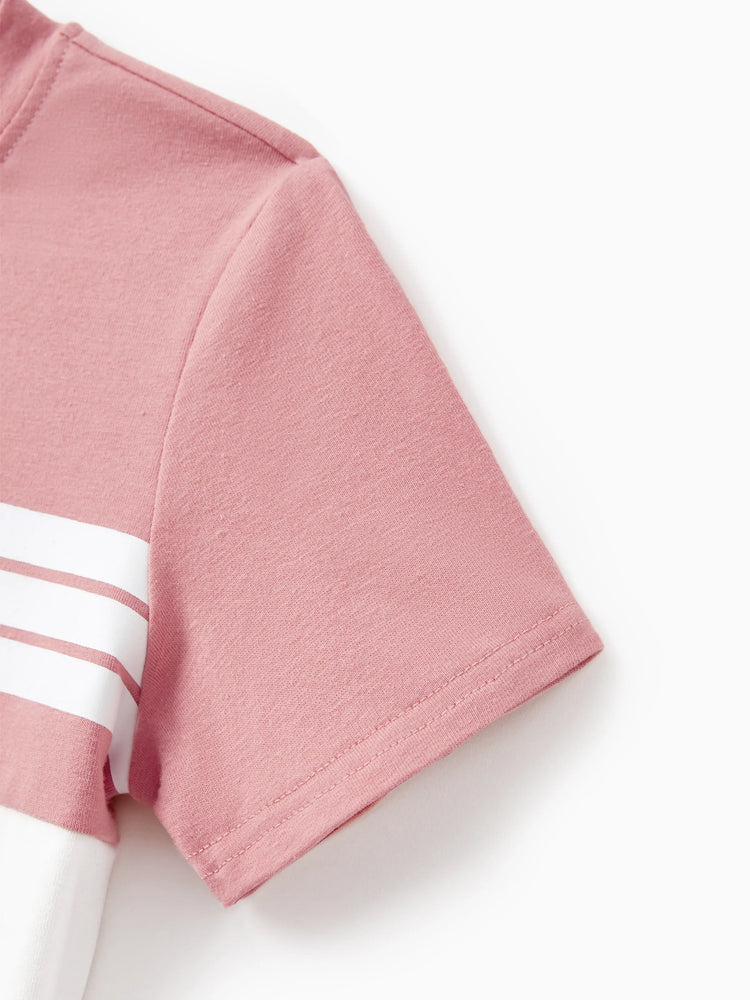 Family Matching Blue Cotton Colorblock Tee Shirt or Flora Print Smocking Puff-sleeve Dress Set
 Pink