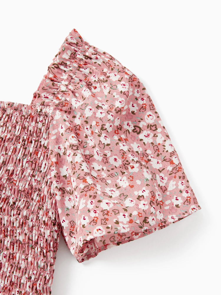 Family Matching Blue Cotton Colorblock Tee Shirt or Flora Print Smocking Puff-sleeve Dress Set
 Pink