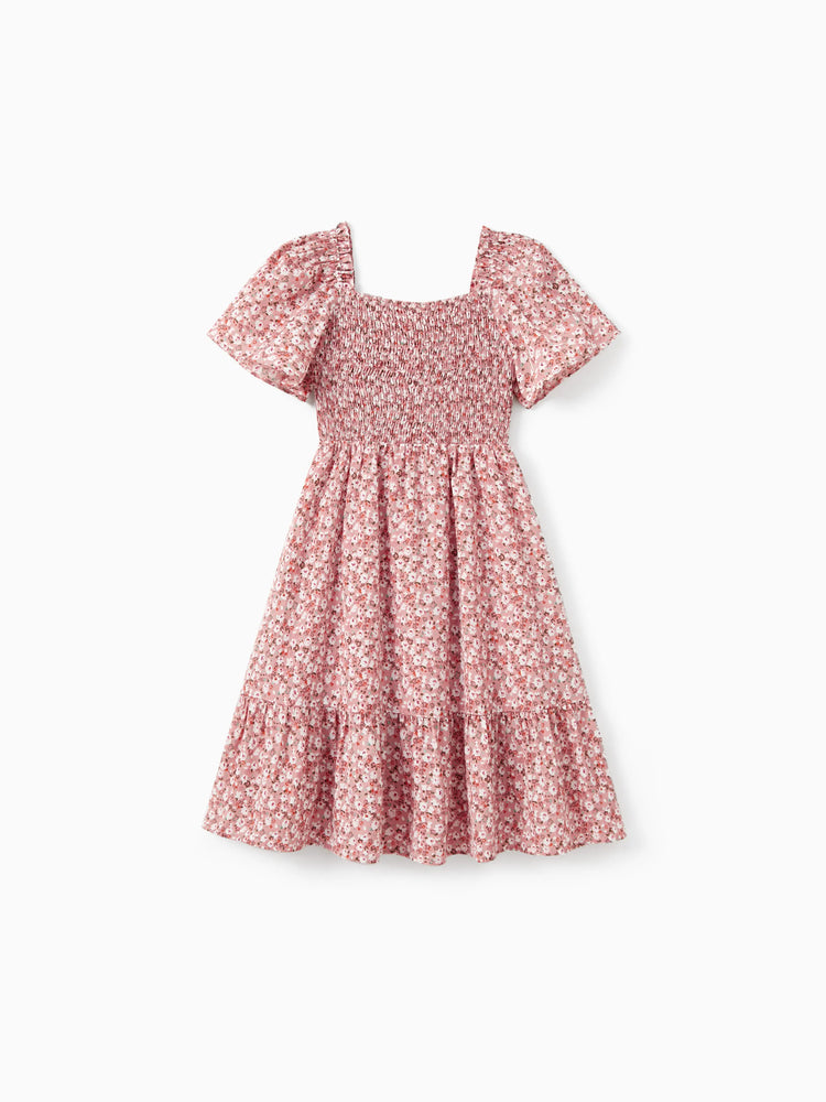 Family Matching Blue Cotton Colorblock Tee Shirt or Flora Print Smocking Puff-sleeve Dress Set
 Pink