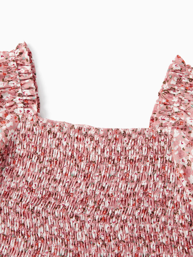 Conjunto Mamá y Yo Vestido con Fruncido, Mangas Abullonadas y Estampado Floral Azul y Rosa