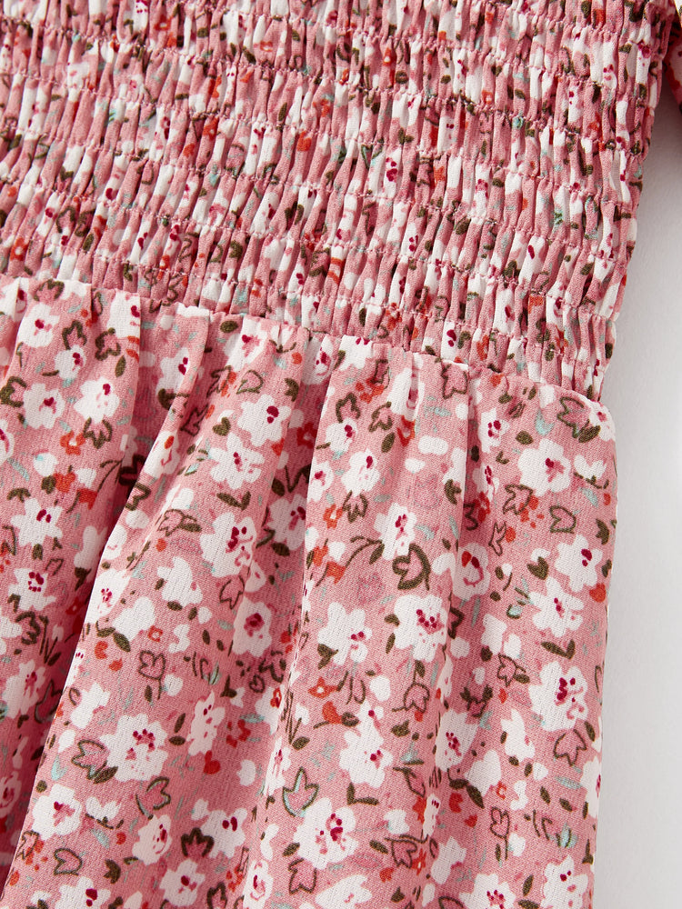 Conjunto Mamá y Yo Vestido con Fruncido, Mangas Abullonadas y Estampado Floral Azul y Rosa