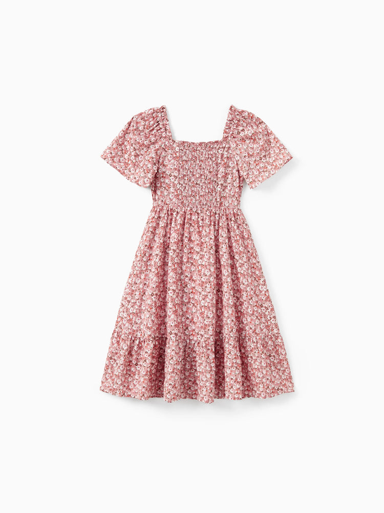 Family Matching Blue Cotton Colorblock Tee Shirt or Flora Print Smocking Puff-sleeve Dress Set
 Pink