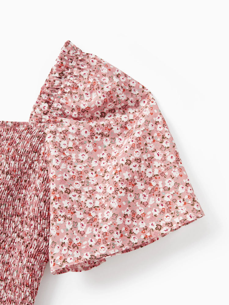 Family Matching Blue Cotton Colorblock Tee Shirt or Flora Print Smocking Puff-sleeve Dress Set
 Pink