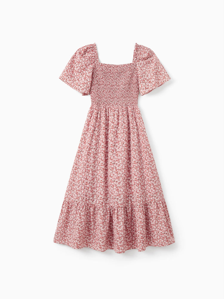 Family Matching Blue Cotton Colorblock Tee Shirt or Flora Print Smocking Puff-sleeve Dress Set
 Pink