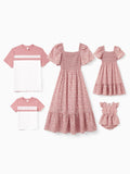 Family Matching Blue Cotton Colorblock Tee Shirt or Flora Print Smocking Puff-sleeve Dress Set
 Pink