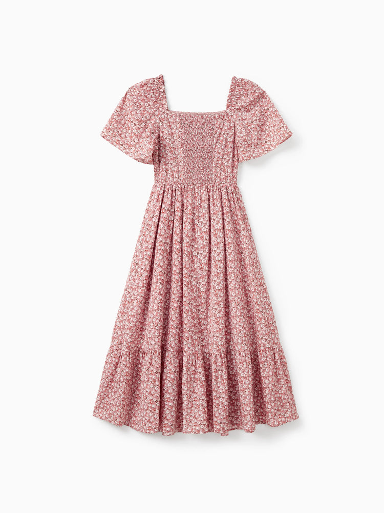 Conjunto Mamá y Yo Vestido con Fruncido, Mangas Abullonadas y Estampado Floral Azul y Rosa