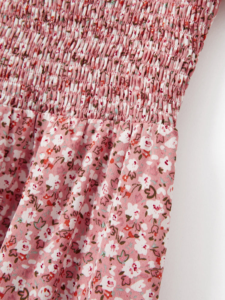 Family Matching Blue Cotton Colorblock Tee Shirt or Flora Print Smocking Puff-sleeve Dress Set
 Pink